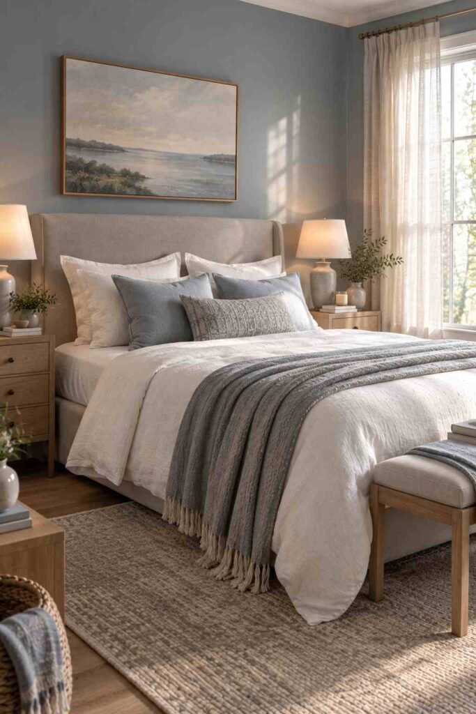 Alt text: Dusty blue and warm gray bedroom with white linen bedding and a soft upholstered headboard.