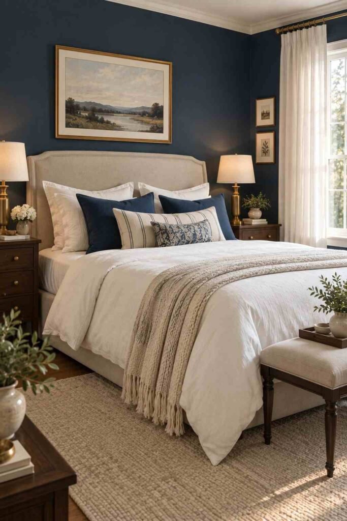 Alt text: Earthy terracotta and beige bedroom with natural wood furniture, linen bedding, and woven decor.