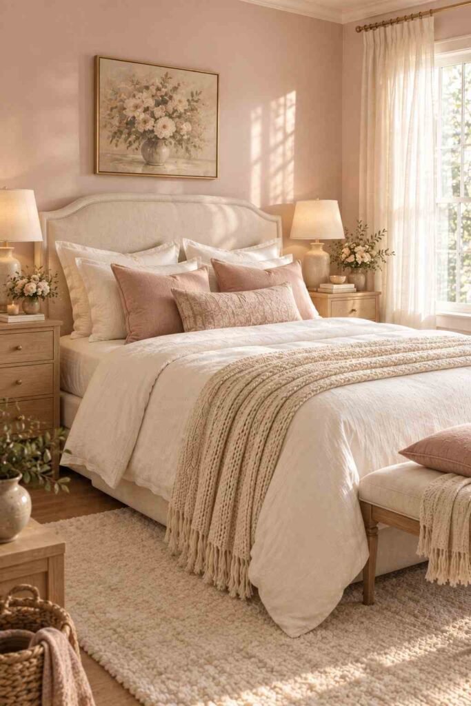 Alt text: Navy blue and white bedroom with a dark accent wall, crisp bedding, and brass bedside lamps.
