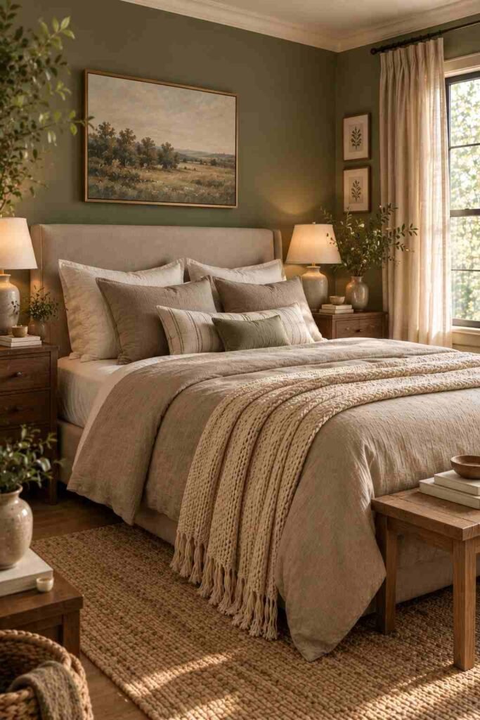 Alt text: Romantic blush pink and warm white bedroom with ivory bedding and delicate floral accents.