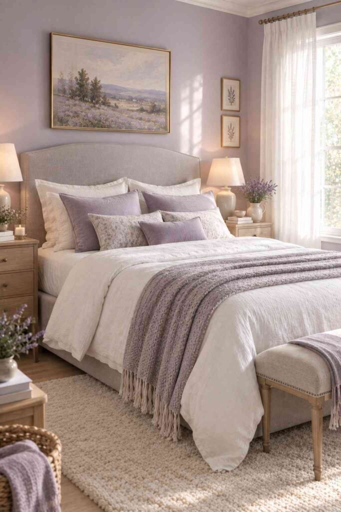 Alt text: Modern charcoal gray and ivory bedroom with a cream upholstered bed and warm ambient lighting.
