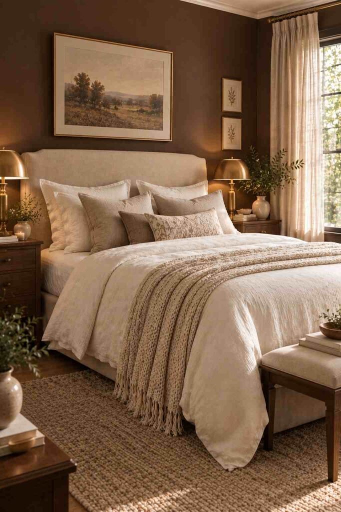 Alt text: Chocolate brown and cream bedroom with ivory bedding, walnut furniture, and warm brass lighting.