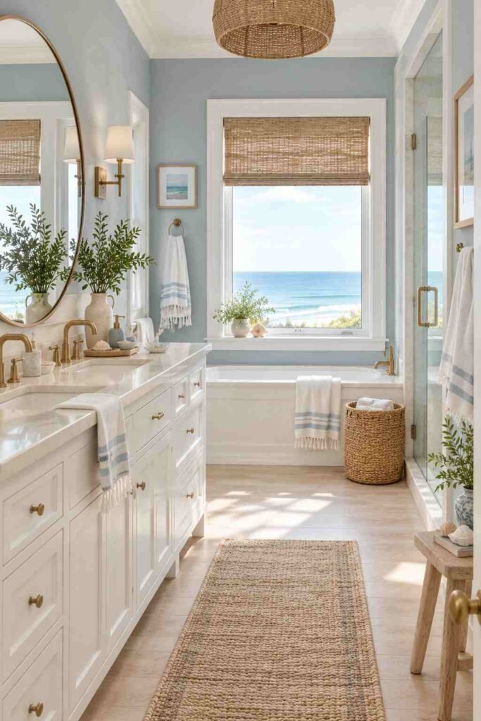 Alt Text:
Soft blue and white coastal bathroom with brass fixtures and natural wood accents.