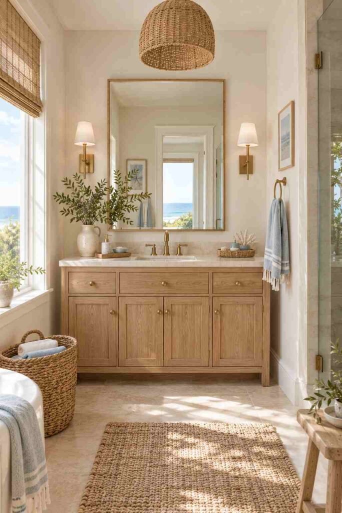 Alt Text:
Coastal bathroom with natural oak vanity, woven baskets, linen towels, and brass details.