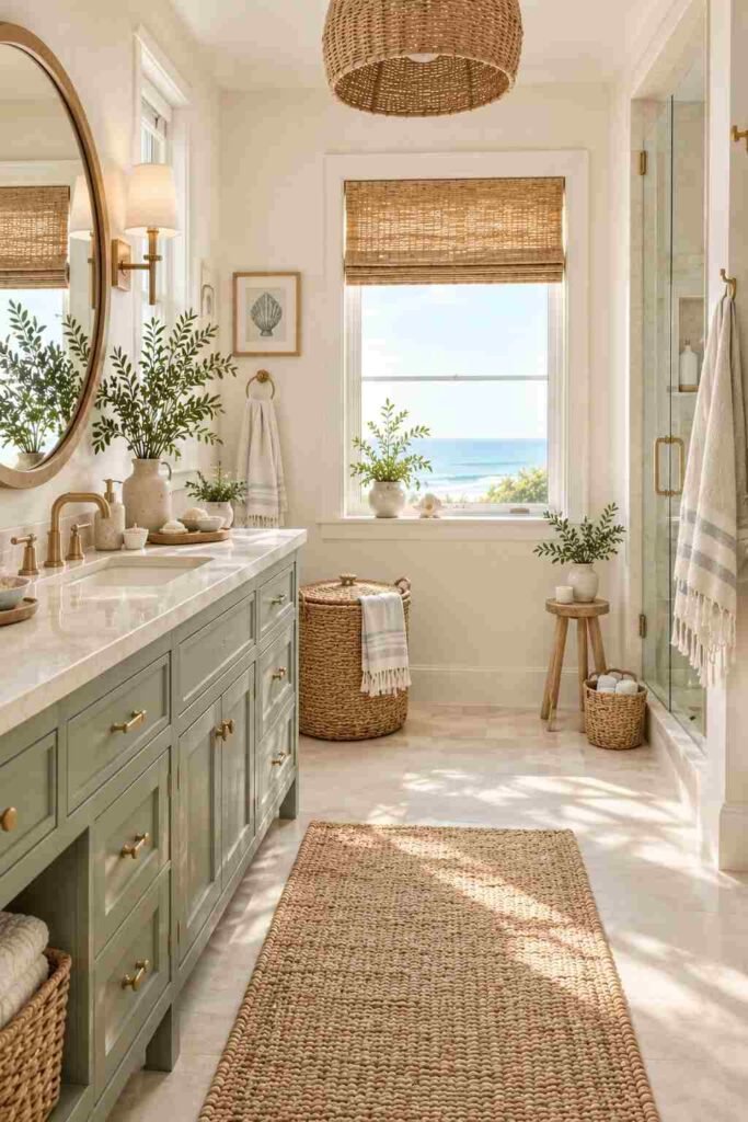 Alt Text:
Sage green coastal bathroom with warm white walls, oak accents, and natural textures.