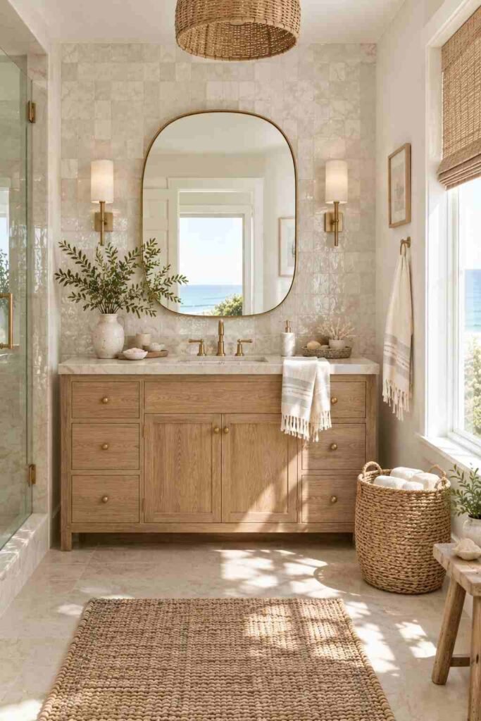 Alt Text:
Coastal bathroom with textured white tile wall, oak vanity, and warm brass fixtures.