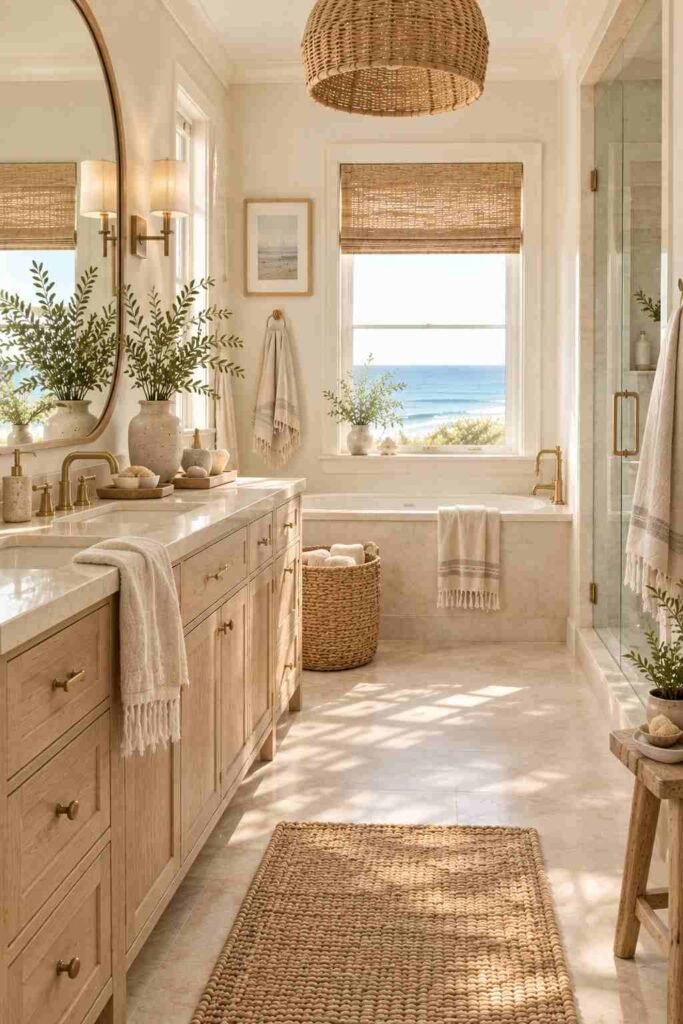Alt Text:
Warm beige coastal bathroom with light wood, linen, jute, and creamy stone textures.
