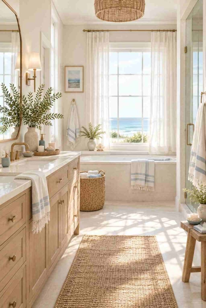 Alt Text:
Bright coastal bathroom with sheer linen curtains, pale wood vanity, and natural sunlight.