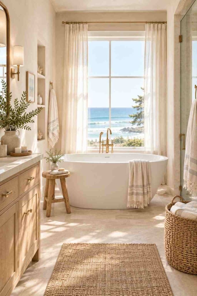 Alt Text:
Coastal bathroom with white freestanding tub, pale stone flooring, oak stool, and greenery.