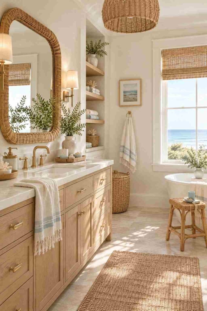 Alt Text:
Coastal bathroom with rattan mirror, woven baskets, light oak, and neutral beach-inspired decor.