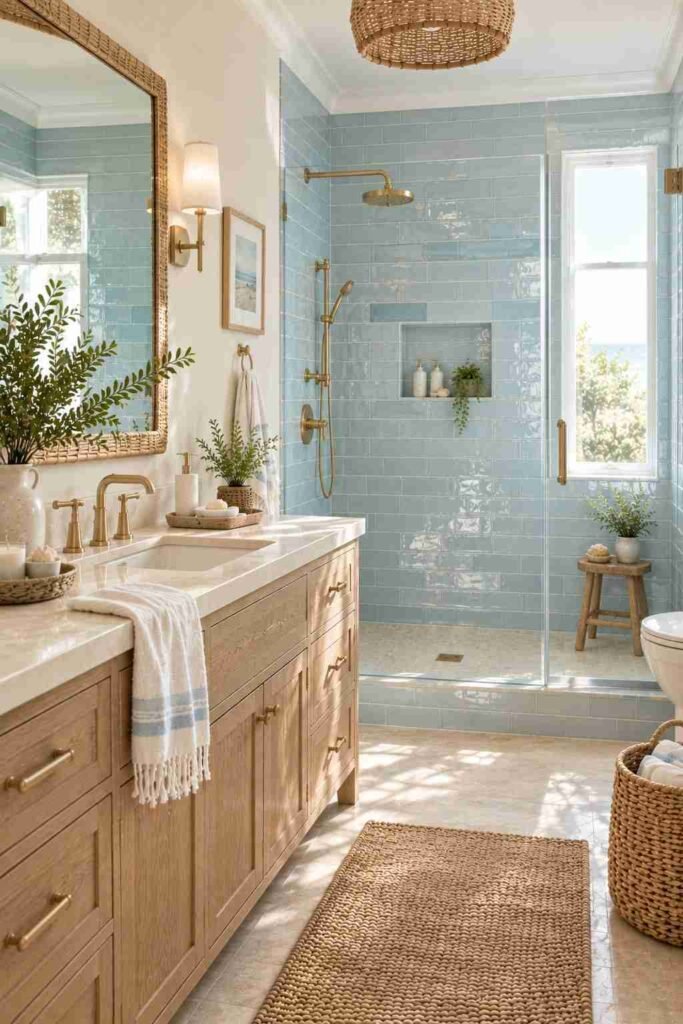 Alt Text:
Blue tile coastal bathroom with white grout, oak vanity, brass fixtures, and natural textures.