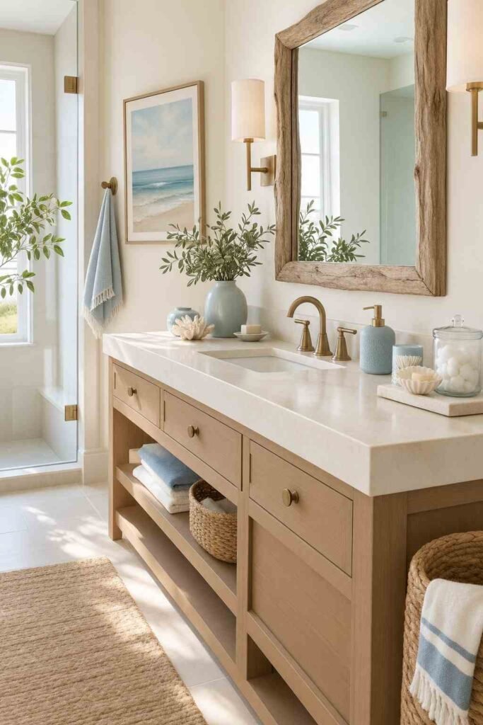 Alt Text:
Modern coastal bathroom with subtle sea-inspired accessories, pale blue ceramics, and natural textures.