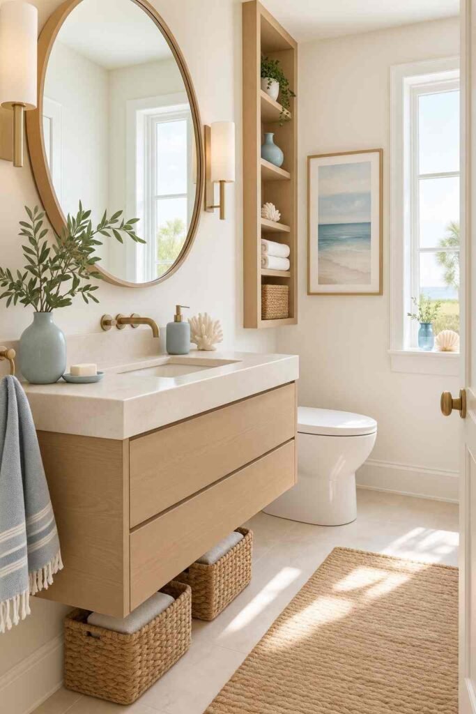 Alt Text:
Small coastal bathroom with floating oak vanity, woven storage, large mirror, and soft blue accents.