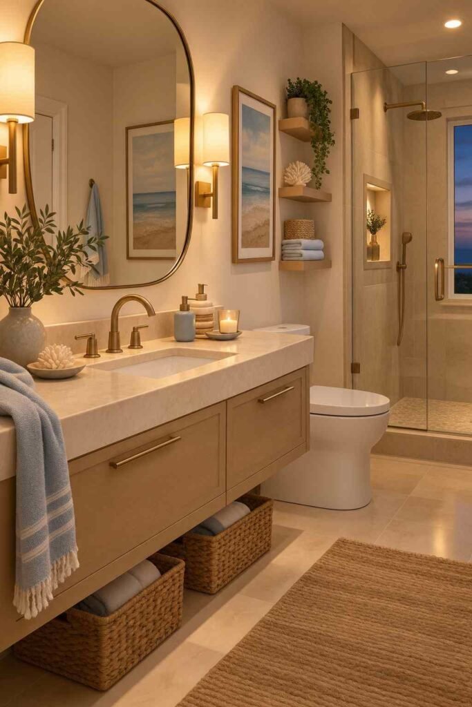 Alt Text:
Modern coastal bathroom with warm lighting, creamy stone, light oak, and brass fixtures.