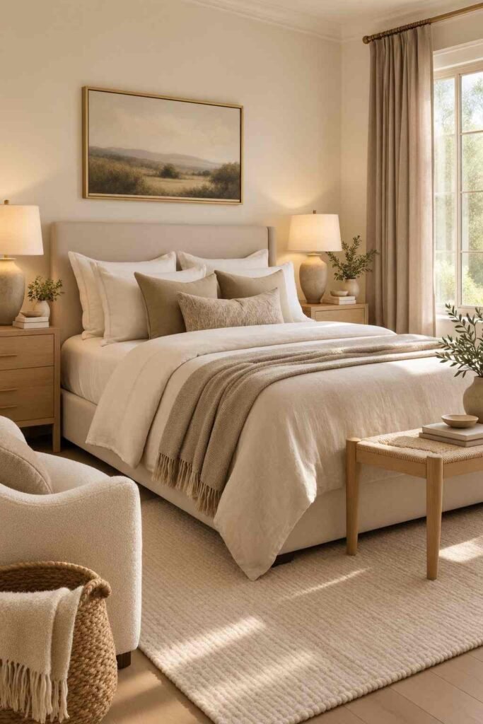 Soft neutral grown woman bedroom with beige bedding, light oak furniture, warm lighting, and layered textures.
