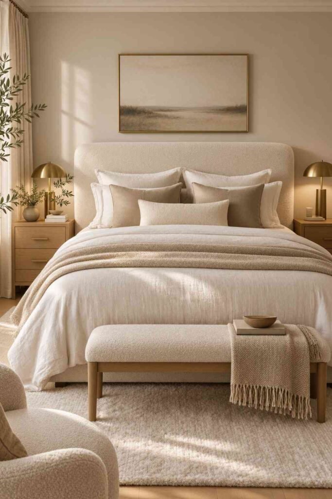 Cream boucle upholstered headboard with layered neutral bedding in an elegant grown woman bedroom.

