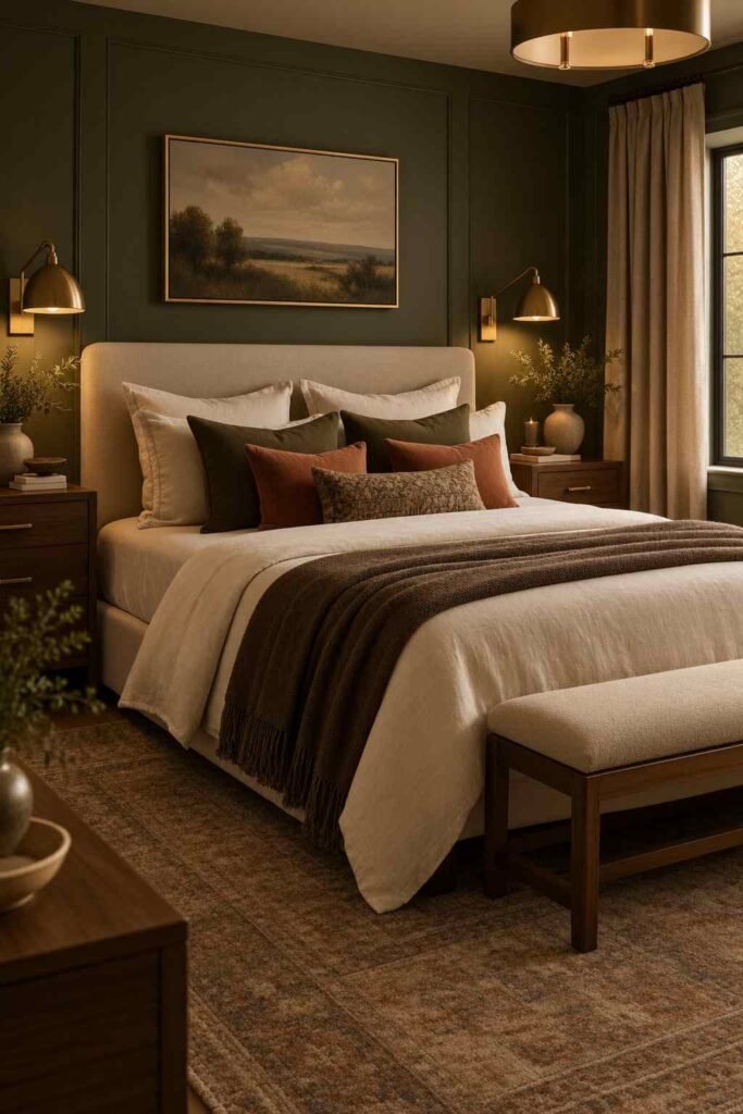 Moody grown woman bedroom with olive walls, cream bedding, walnut furniture, and terracotta accents.
