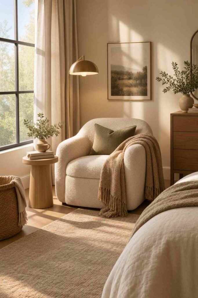 Cozy bedroom reading corner with boucle chair, wooden side table, books, and warm floor lighting.
