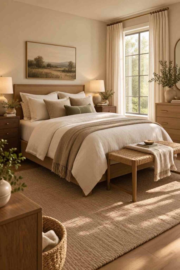 Warm bedroom with natural wood furniture, cream bedding, woven accents, and soft neutral decor.

