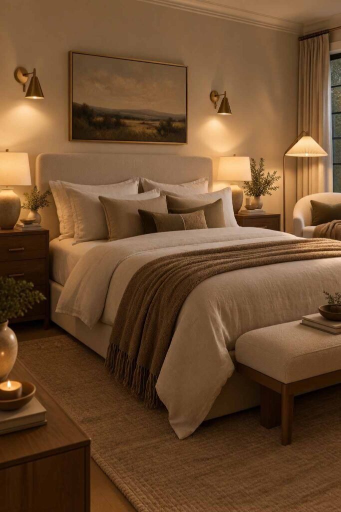 Elegant bedroom with layered warm lighting, brass sconces, bedside lamps, and soft neutral decor.
