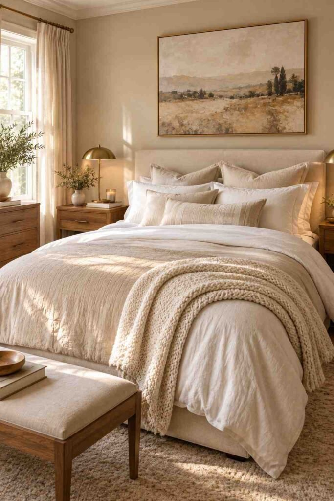Layered ivory and beige bedding with textured pillows and a cozy knitted throw in an elegant bedroom