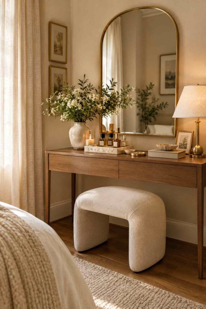 Stylish bedroom vanity with a rounded brass mirror, wood console, cream stool, and elegant accessories.
