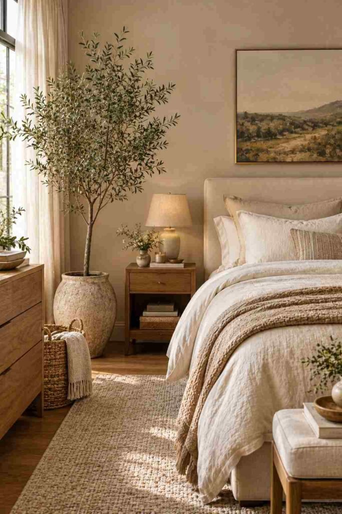 Serene grown woman bedroom with an olive tree, neutral bedding, natural wood, and organic decor.
