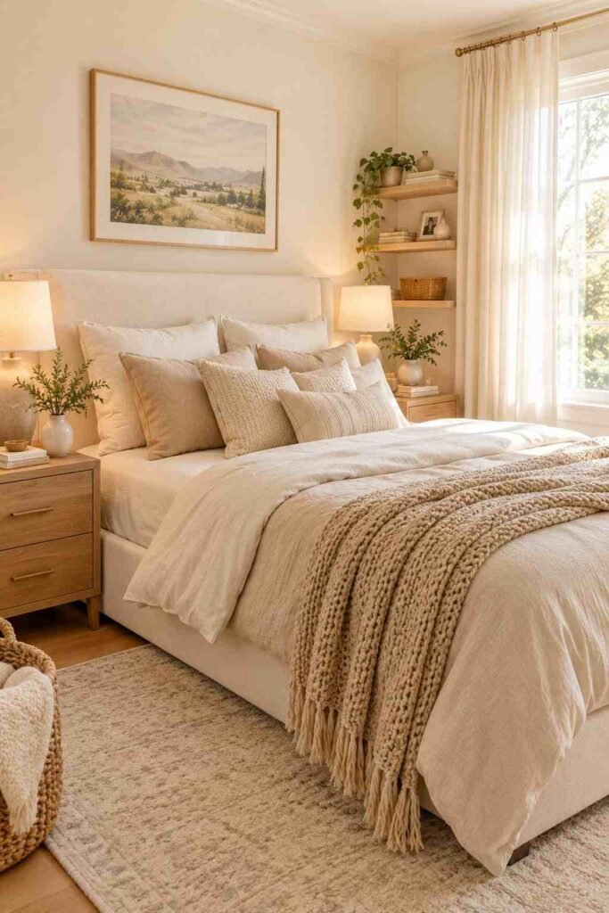  Cozy neutral bedroom with beige linen bedding, cream pillows, and light oak furniture.
