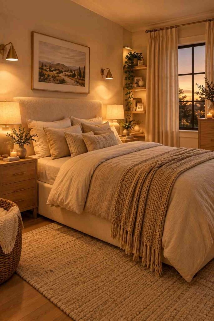 Relaxing bedroom with warm bedside lamps, brass sconces, and cozy neutral bedding.
