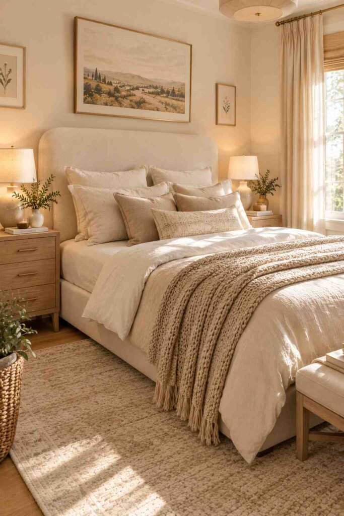  Beautiful cream upholstered bed with layered neutral bedding and a cozy knitted throw.
