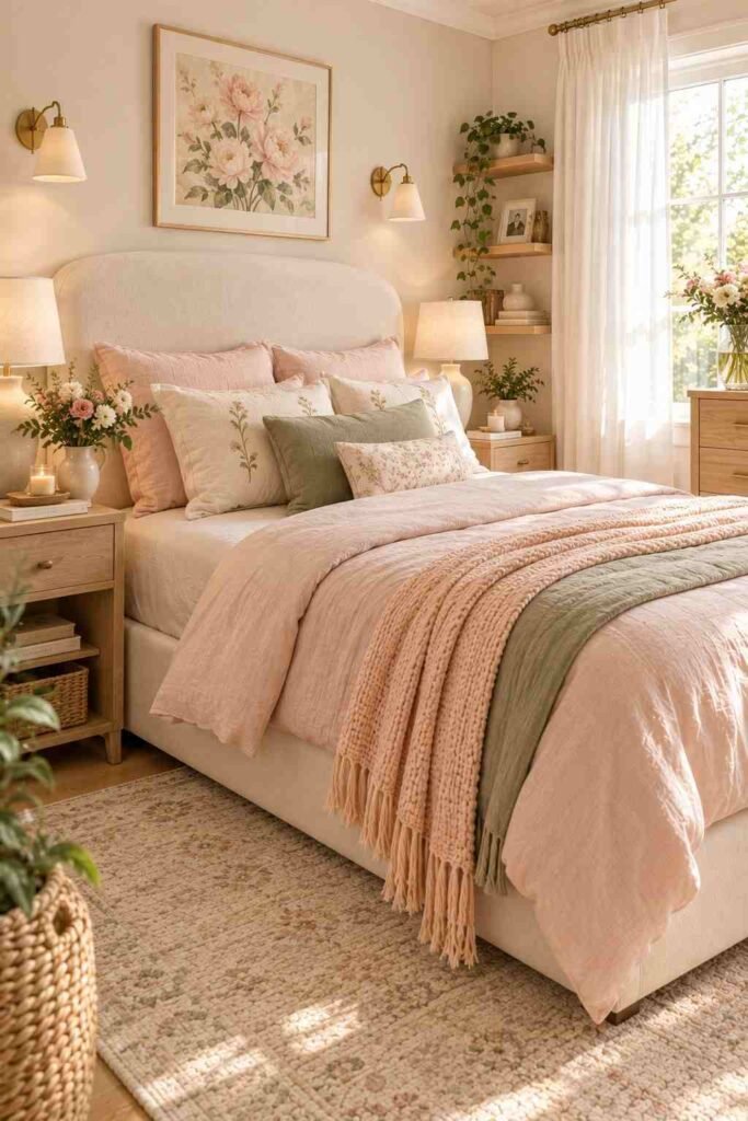 : Feminine bedroom with blush pink bedding, sage accents, and warm ivory decor.
