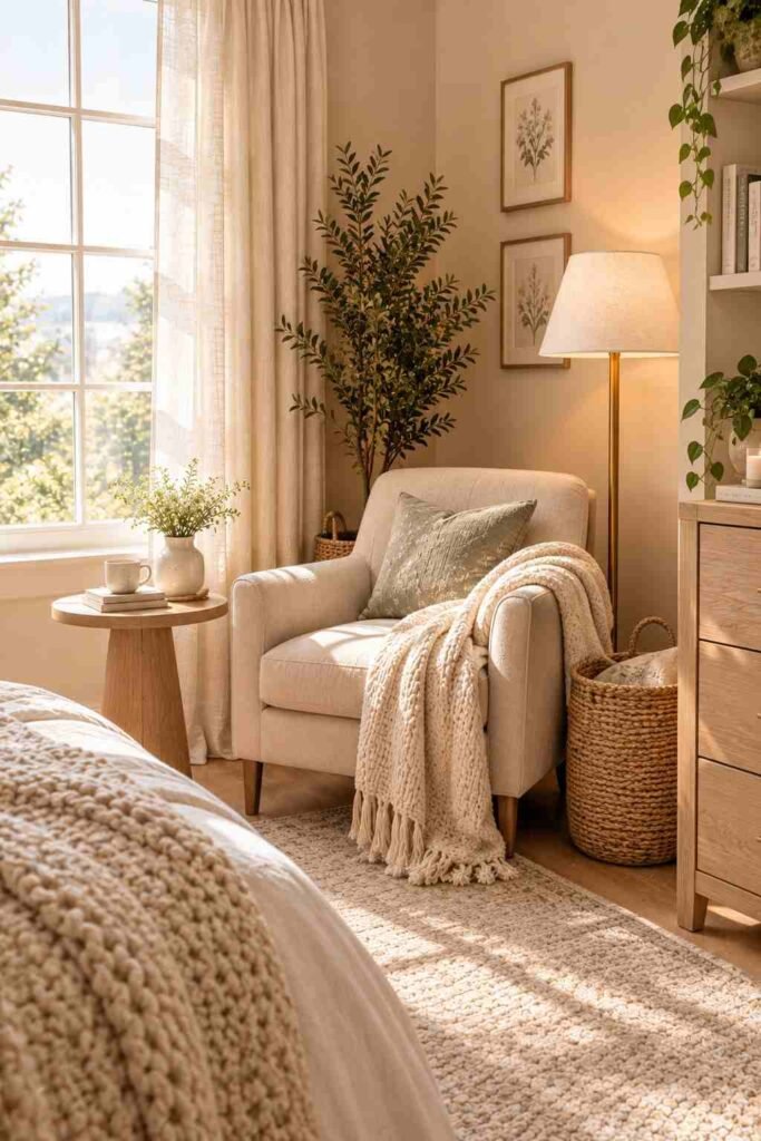 : Cozy bedroom reading nook with a beige armchair, oak side table, and warm floor lamp.
