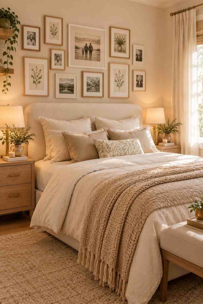 Personalized bedroom with framed family photos, botanical prints, and warm neutral decor.
