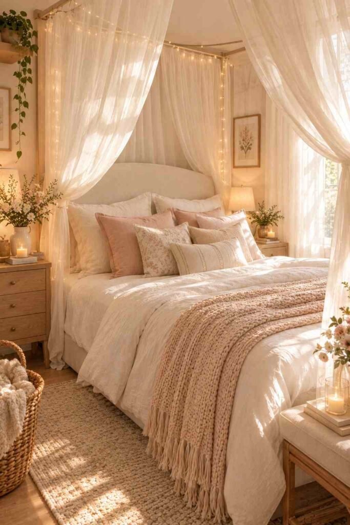 Dreamy bedroom with a sheer ivory canopy, soft neutral bedding, and delicate fairy lights.
