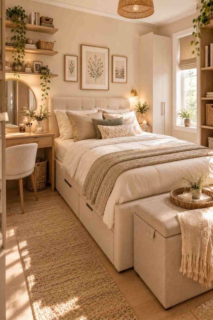 Space-saving bedroom with a storage ottoman, multifunctional desk, and cream upholstered bed.