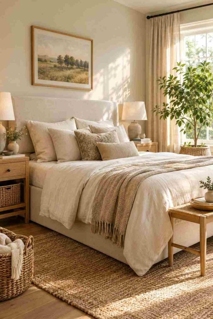 Organic bedroom with a leafy green plant, linen bedding, jute rug, and woven baskets.
