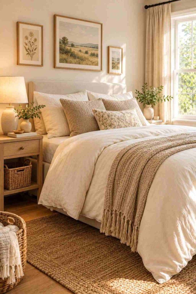  Budget-friendly bedroom makeover with cream bedding, simple wooden furniture, and affordable decor.
