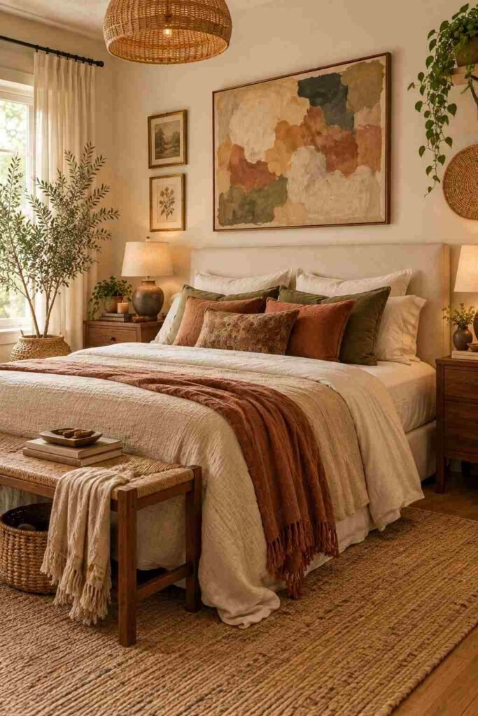 Eclectic boho bedroom with terracotta, olive, beige, and cream earthy colors.
