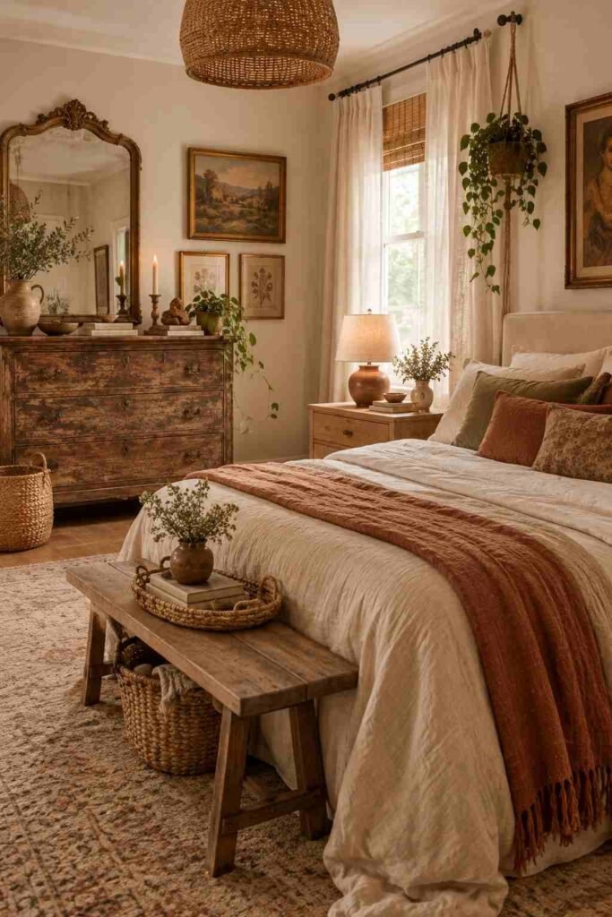 
Eclectic boho bedroom mixing vintage furniture with warm natural wood pieces.

