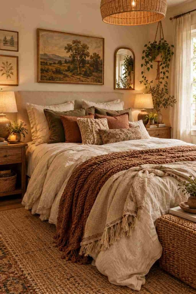 Layered boho bed with linen bedding, chunky throws, textured pillows, and earthy colors.