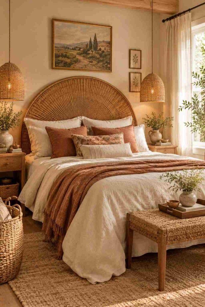 Eclectic boho bedroom with a statement rattan woven headboard and neutral bedding.
