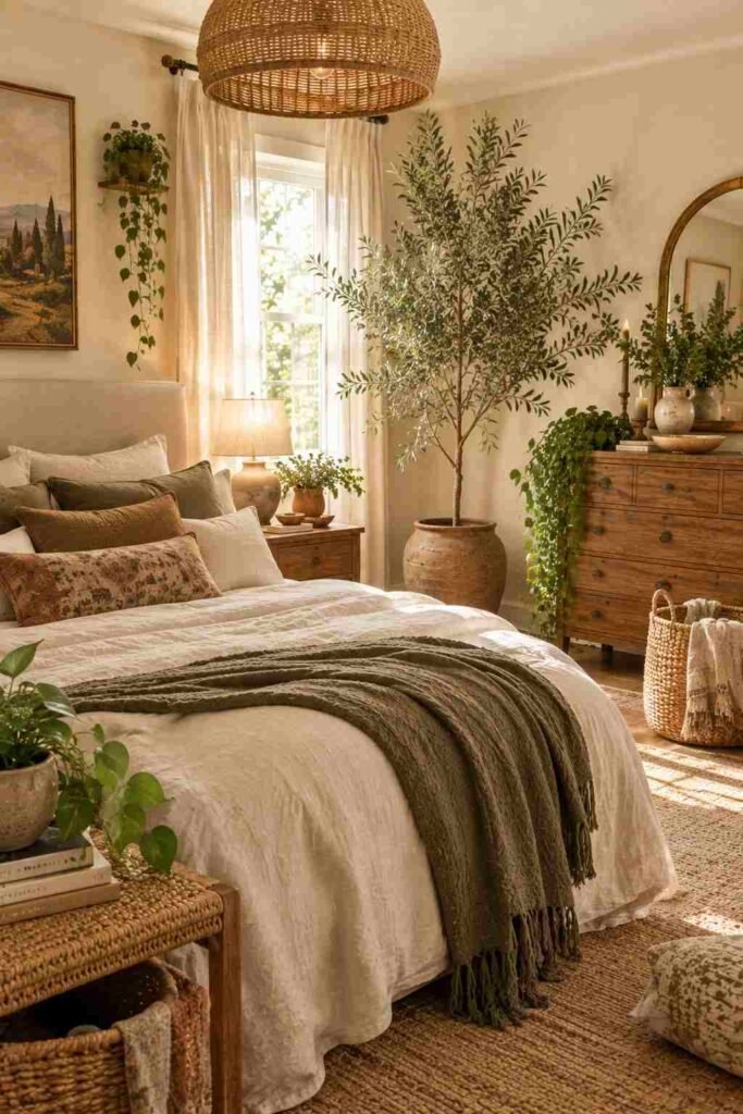Boho bedroom decorated with an olive tree, leafy plants, woven baskets, and earthy textiles.
