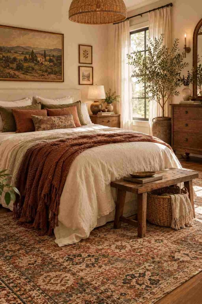 Eclectic boho bedroom with a vintage patterned rug in earthy terracotta and cream tones.