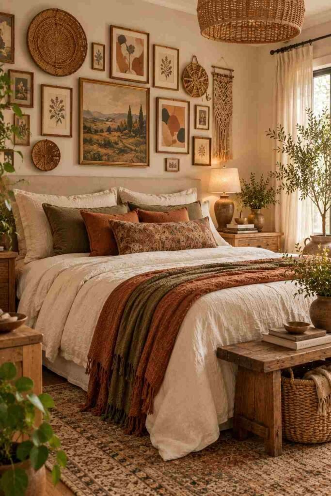 Boho bedroom with a collected gallery wall of woven baskets, botanical art, and vintage frames.
