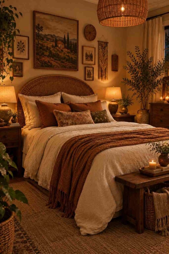 Cozy eclectic boho bedroom with warm layered lighting and a glowing rattan pendant.
