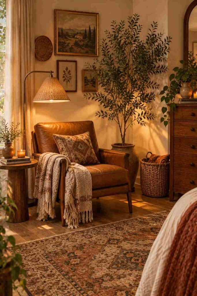 Eclectic boho bedroom reading corner with caramel chair, floor lamp, plant, and woven textures.
