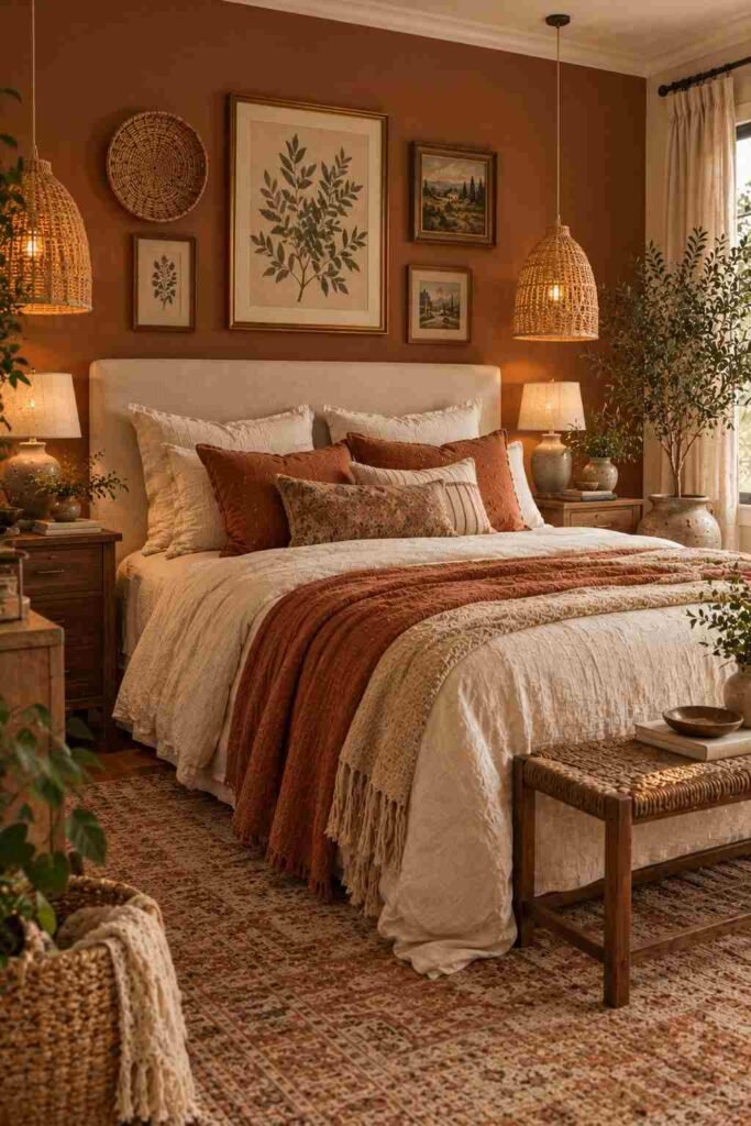 Eclectic boho bedroom with a warm terracotta accent wall and layered neutral bedding.
