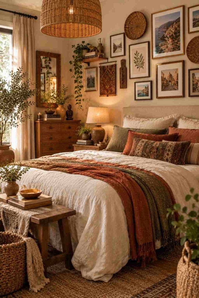 Personal eclectic boho bedroom decorated with books, handmade ceramics, photographs, and vintage treasures.
