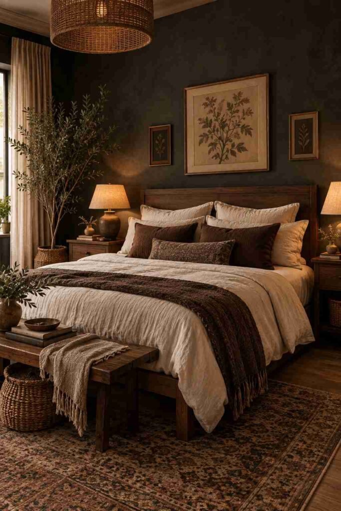 Dark boho bedroom with deep charcoal walls, walnut furniture, cream bedding, and warm bedside lamps.
