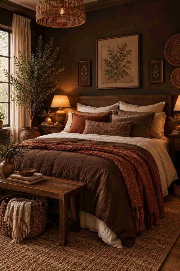  Dark boho bedroom with layered ivory linen bedding, chocolate brown duvet, terracotta throw, and textured pillows.
